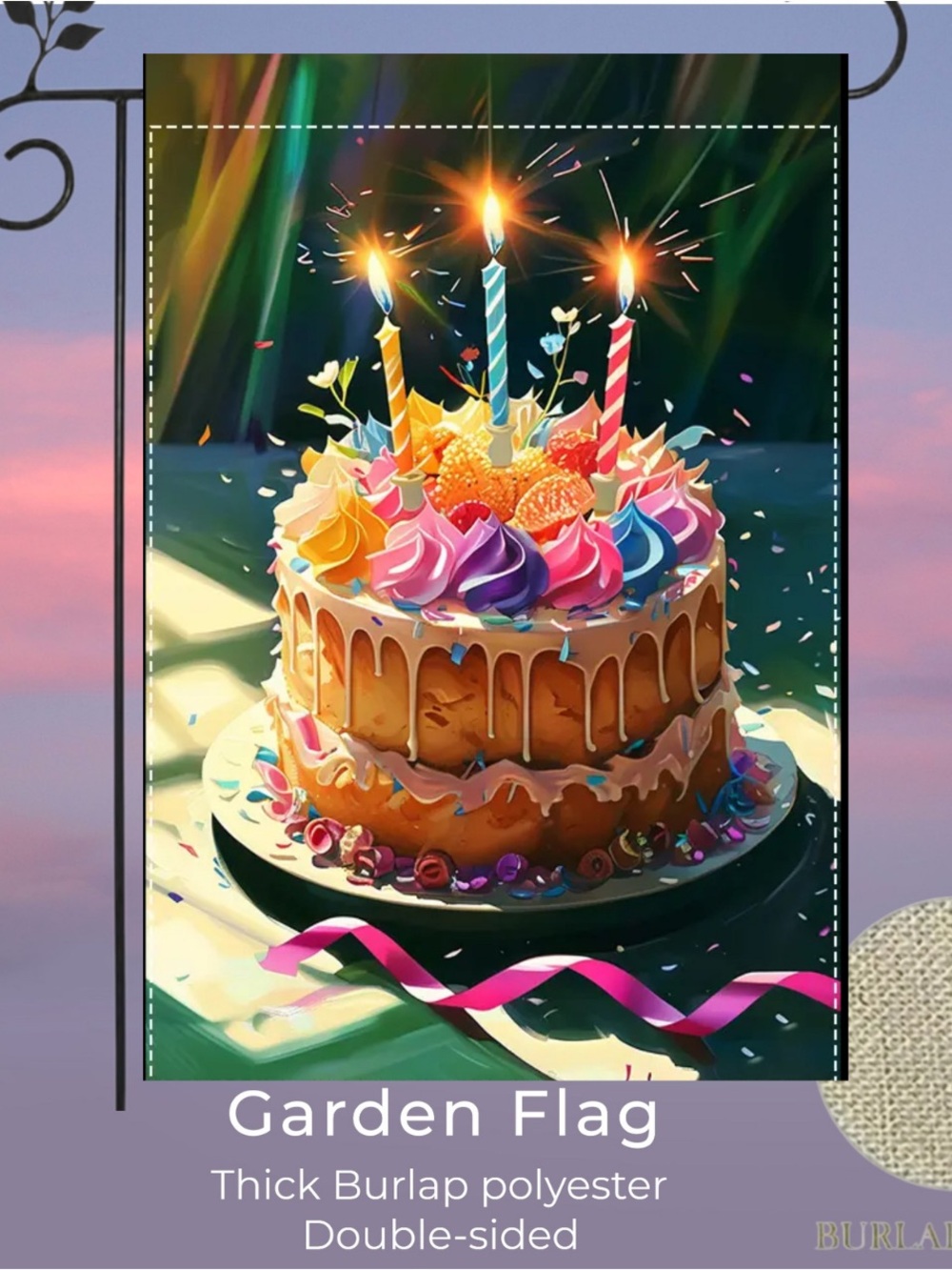 Garden Flag, Birthday Cake, Burlap, Double-sided, approx 12”x18”